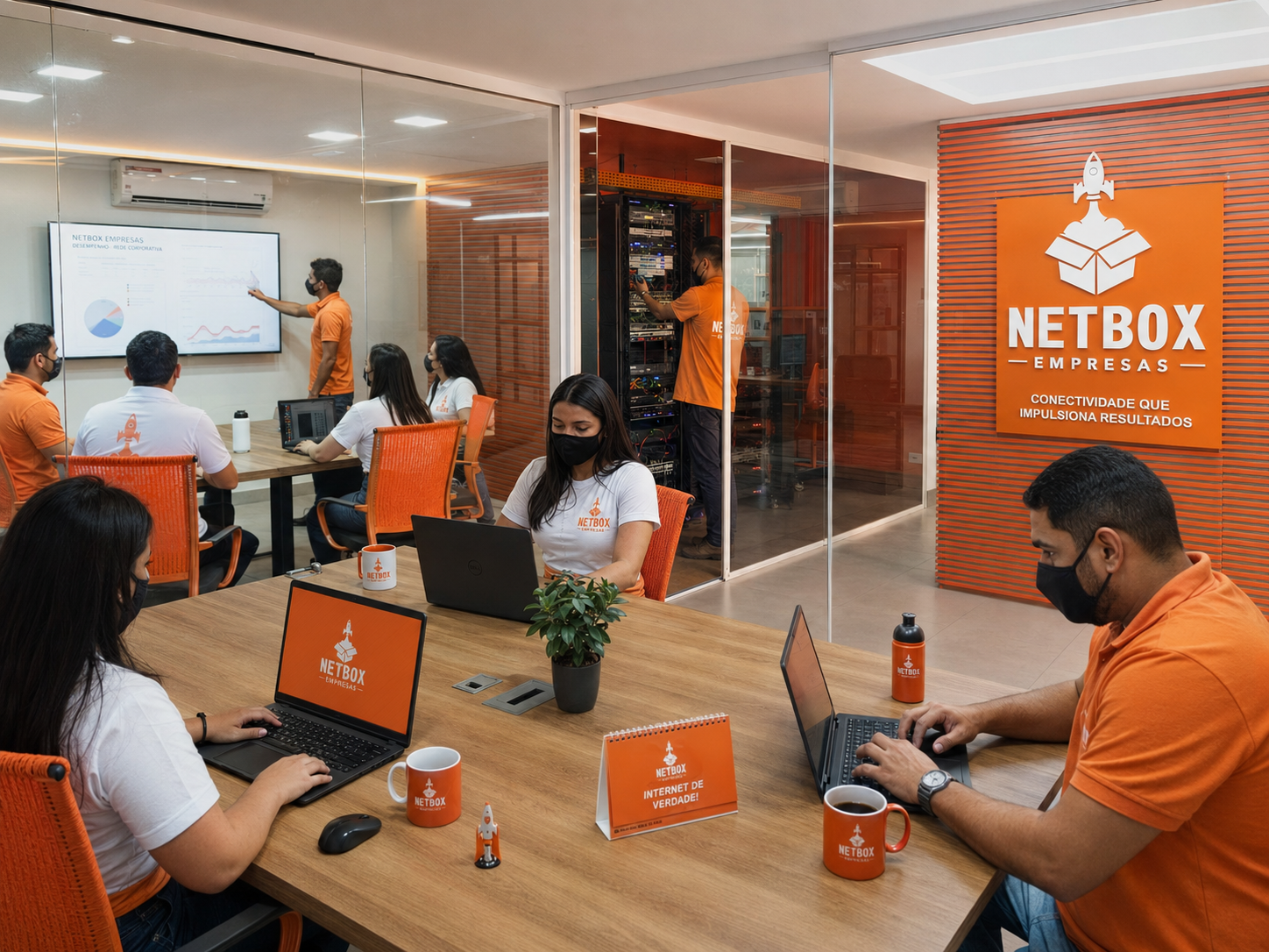 Equipe trabalhando conectada em uma empresa